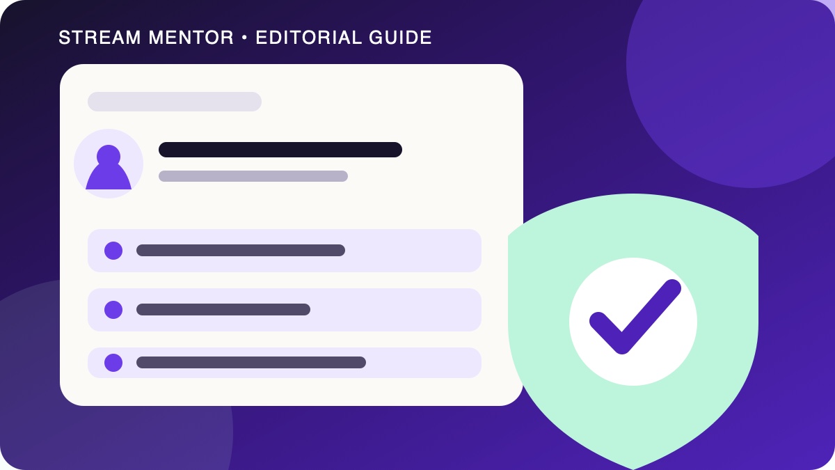 Illustration of a creator profile, linked accounts, and a verification shield