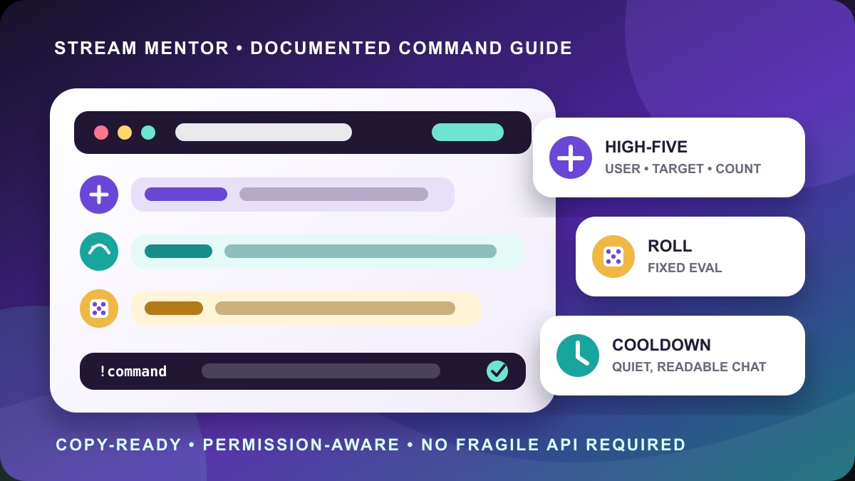 Editorial illustration of a chat window with command cards for a die roll, high-five, uptime, and cooldown