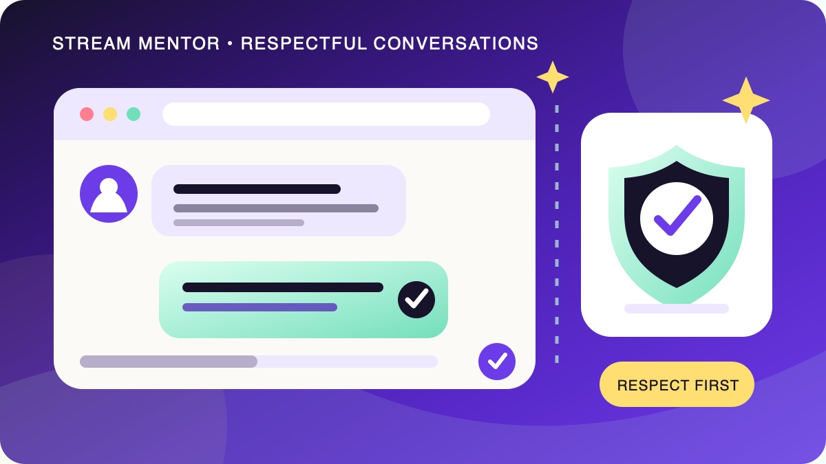 Illustration of two message cards separated by a consent check and privacy shield