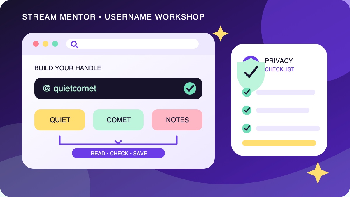 Editorial illustration of a username field, word-building cards, and a privacy checklist