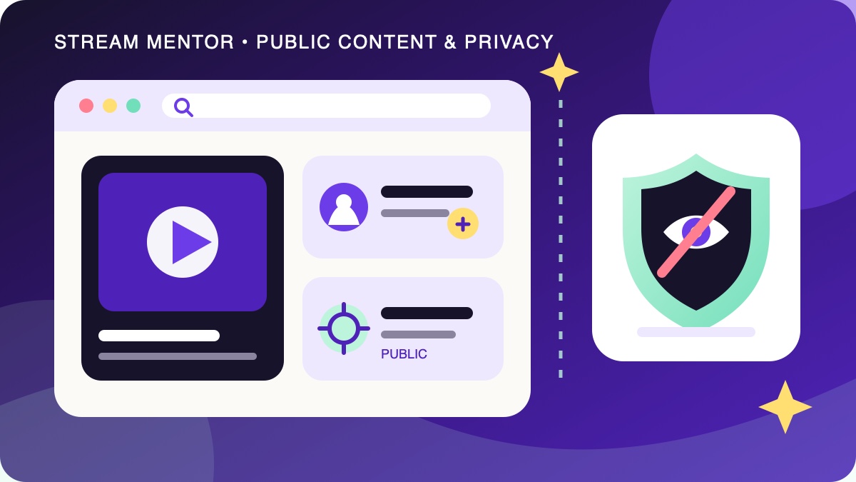 Illustration of public video cards in a browser beside a privacy shield and visibility controls