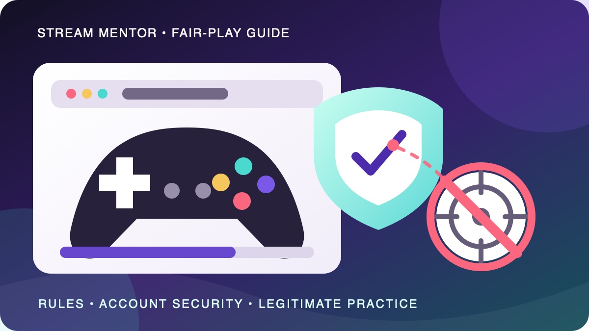 Editorial illustration of a game controller protected by a fair-play shield beside a blocked automated target
