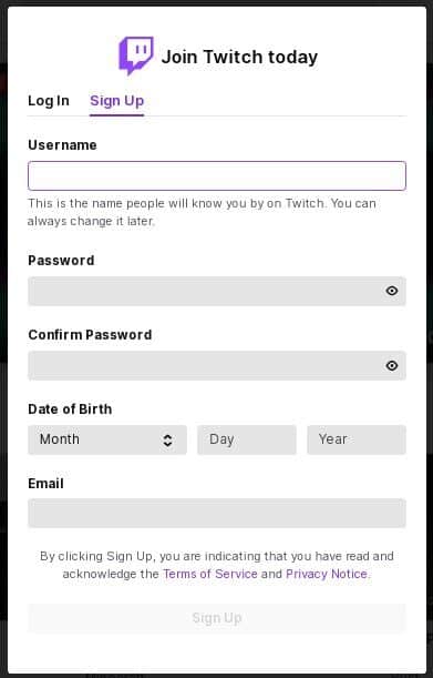 Twitch's Sign Up page for new users wanting to setup their stream.