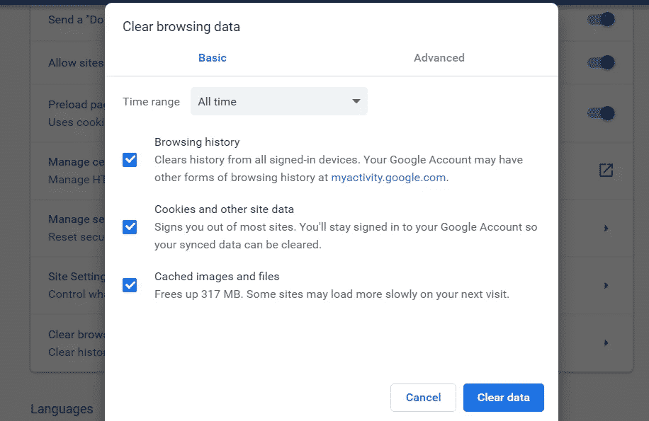 Clear browsing data