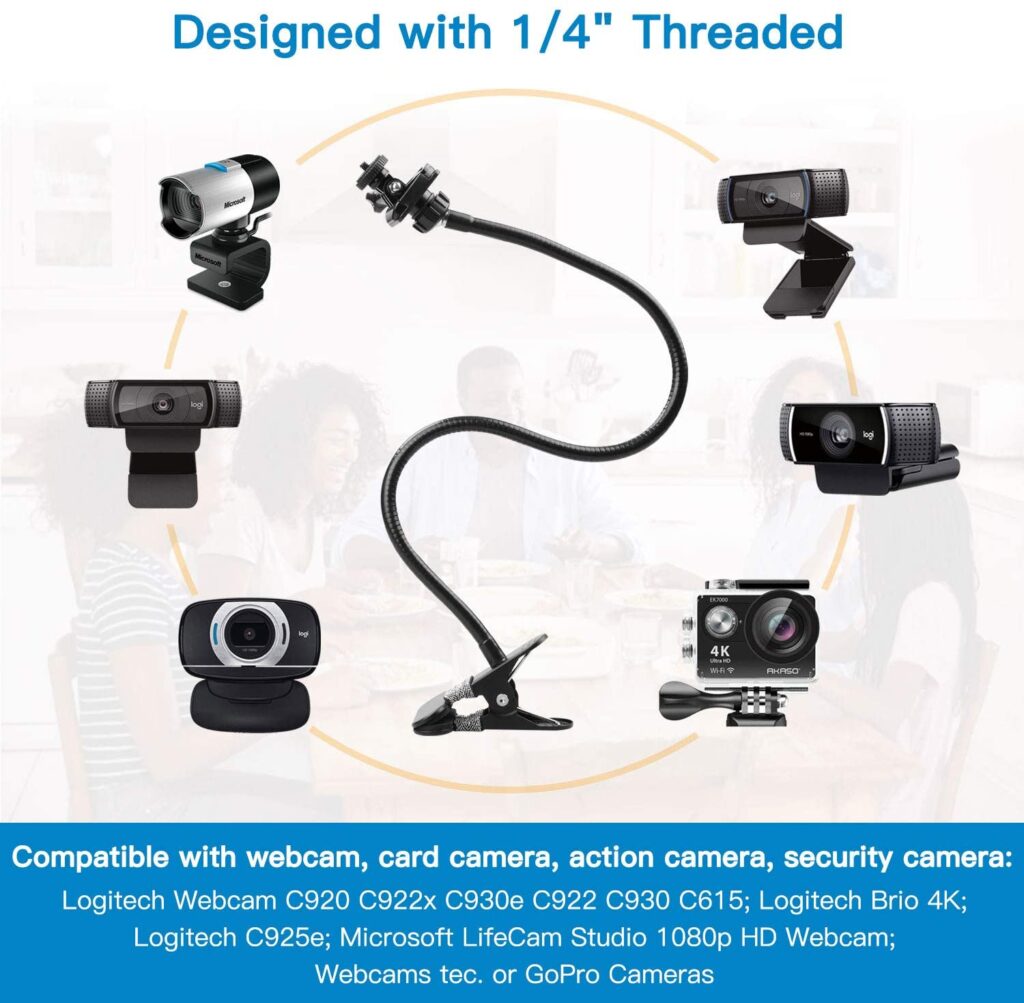 Flexible Webcam Stand and Cell Phone Tripod with Holder for Logitech and  Nexigo Webcam, GoPro Camera and More.