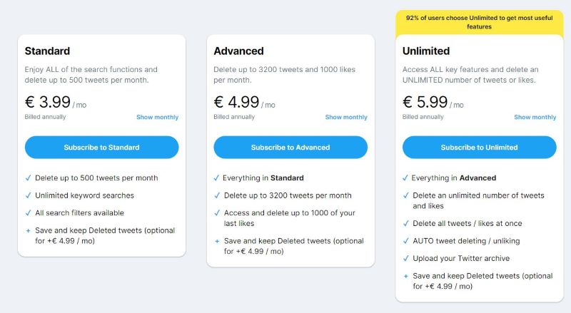 Pricing plans for Tweet Deleter