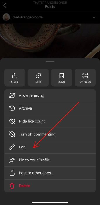 edit button on Instagram posts