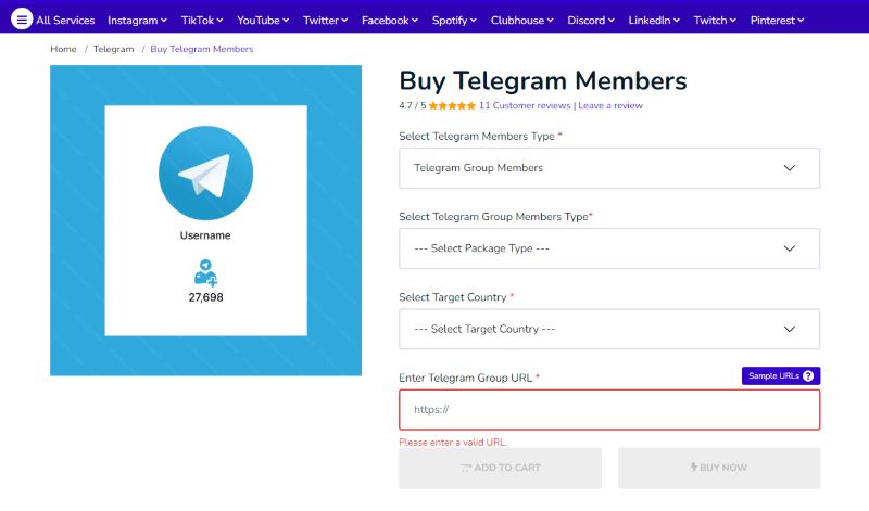 enter information about your telegram group on getafollower
