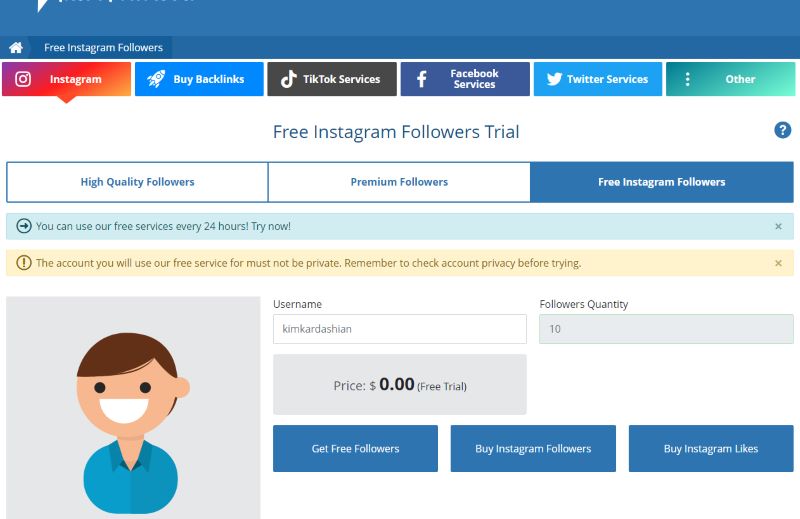 Type Instagram username and click on the Get Free Followers button