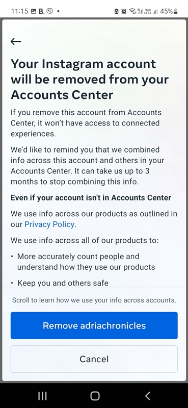Instagram account is removed from Facebook