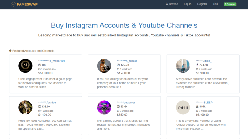 Fameswap offering established IG accounts.