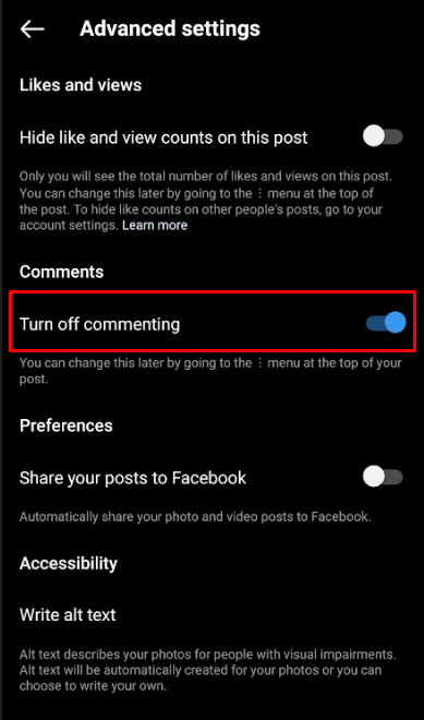 Instagram Post Turn off Commenting