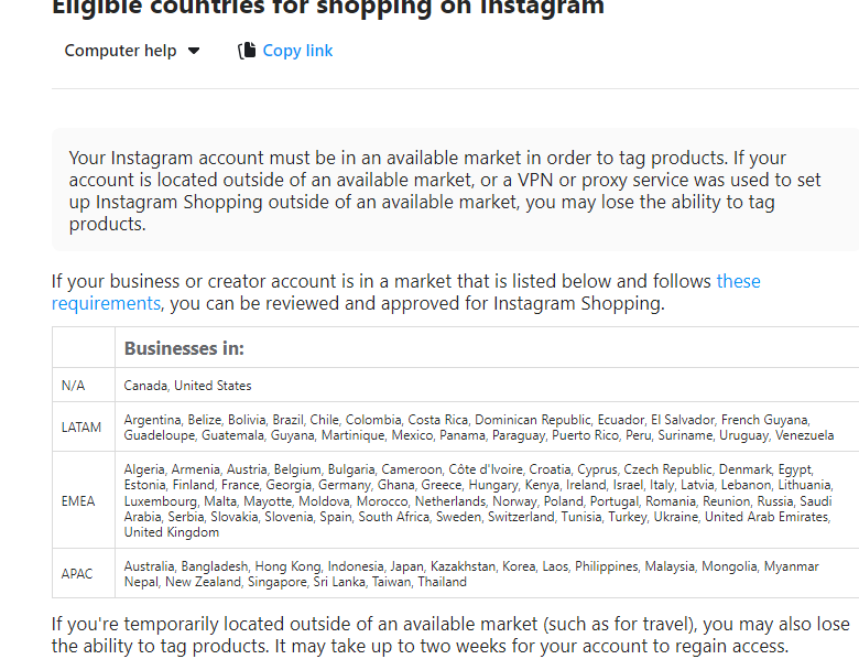 Instagram Shopping eligibility