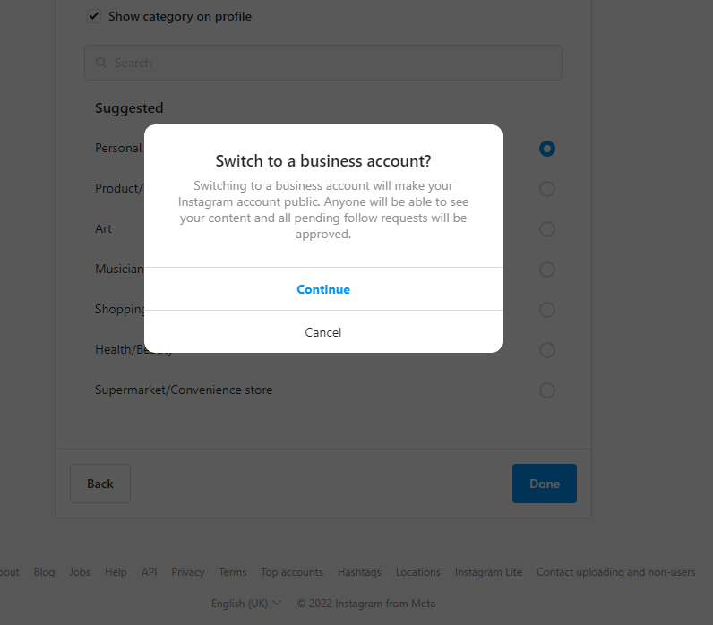 Instagram Switch to Business Account confirmation message