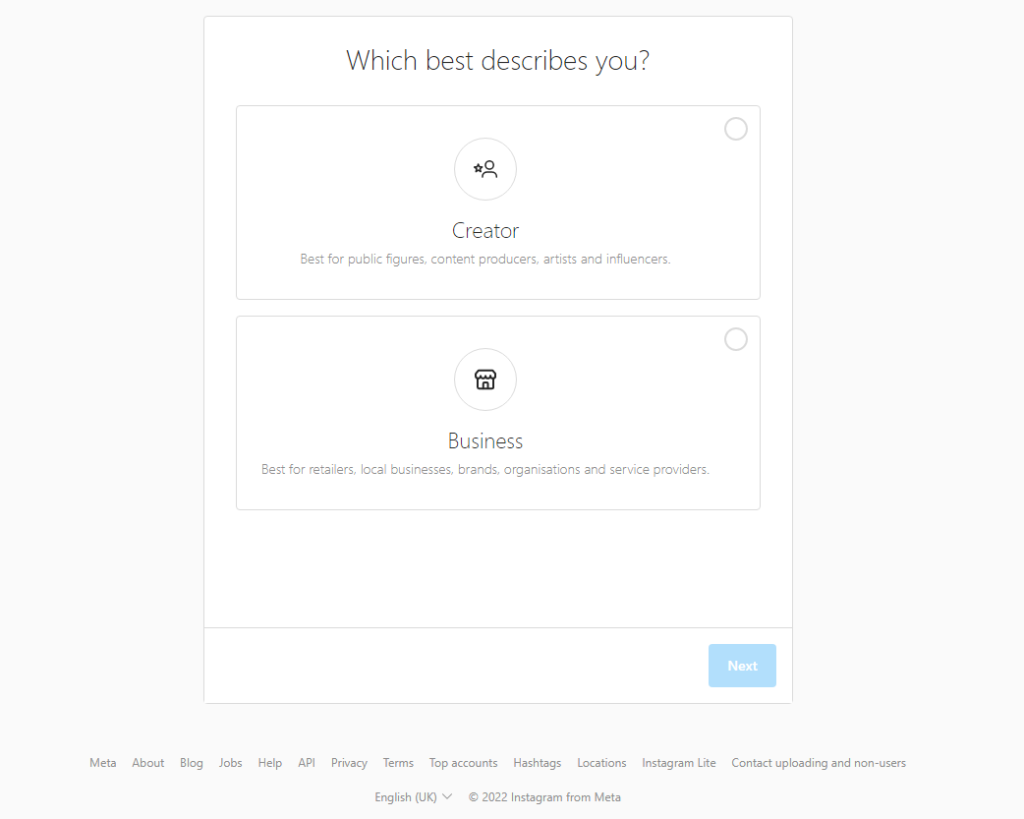 Instagram choose Business or Creator account