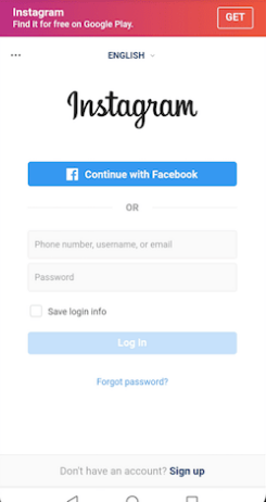 Instagram starting page on Android