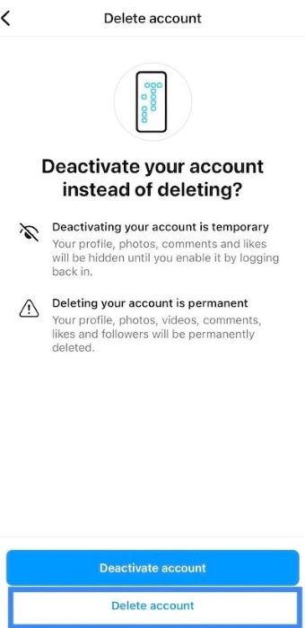 Deactivate account option on Instagram iOS