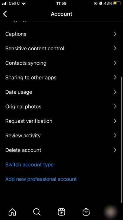 Delete account option on Instagram iOS