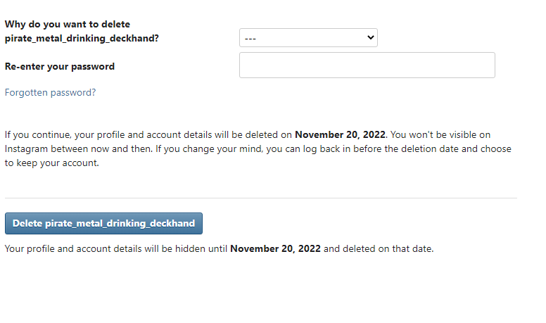 Deletion page on Instagram website