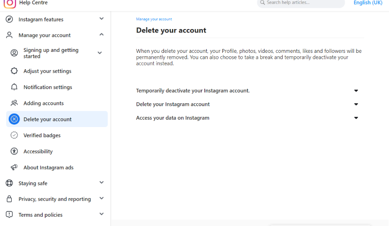 Delete your account page on Instagram Help Center