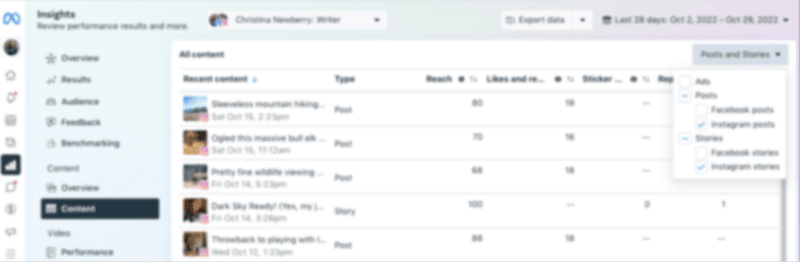 Meta Business Suite instagram metrics